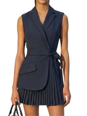 Commense Navy Sleeveless Pleated Wrap Dress